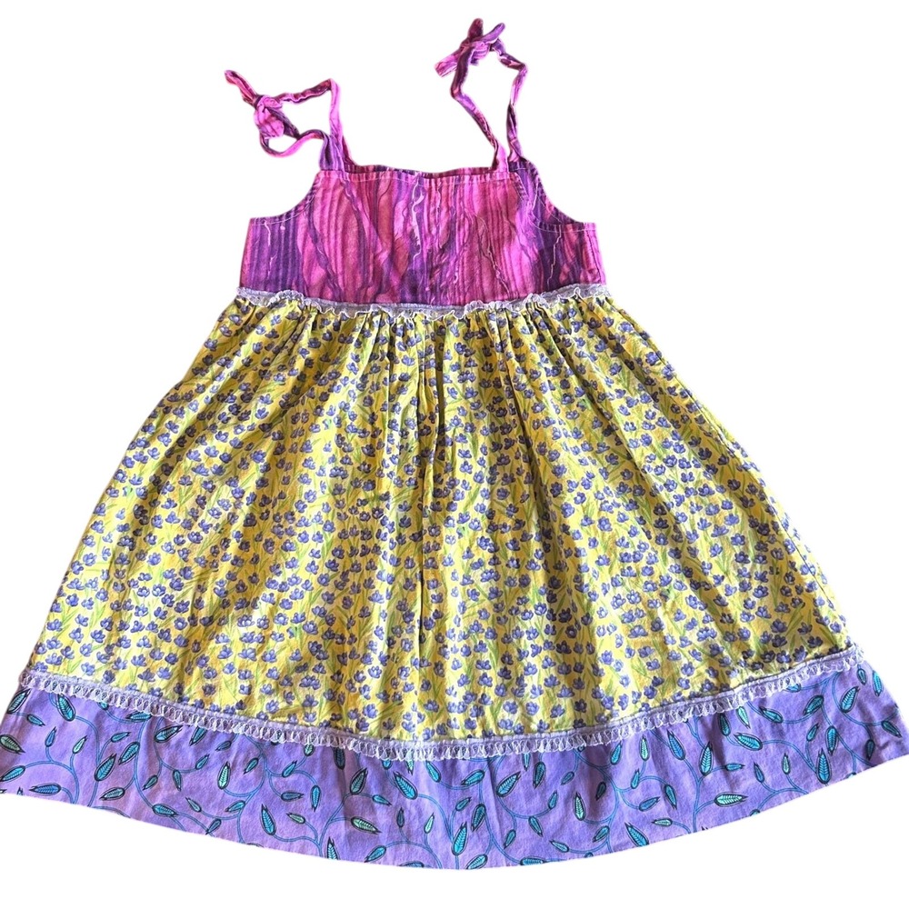Homemade Boho Floral Tiered Sundress 7 Purple Yellow Lace Trim Tie Shoulder